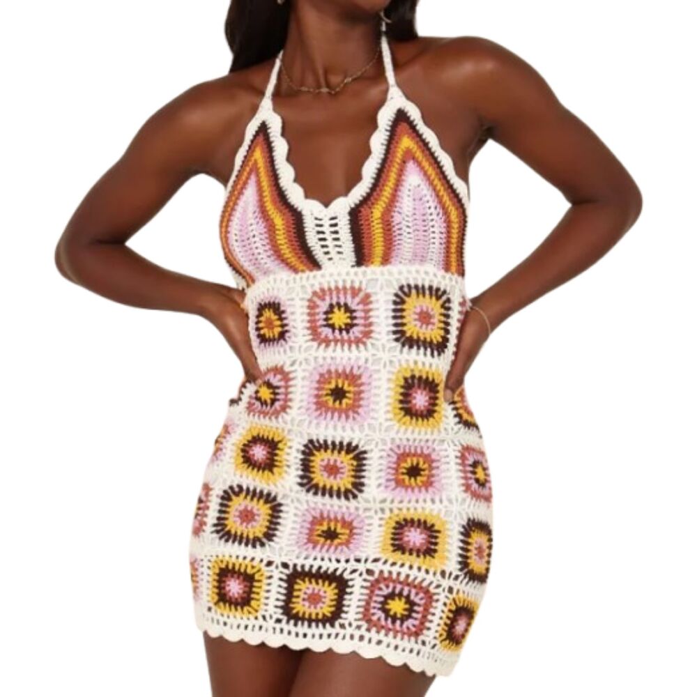 Petal & Pup Jaliyah Granny Square Multi-Color Crochet Halter Dress XL